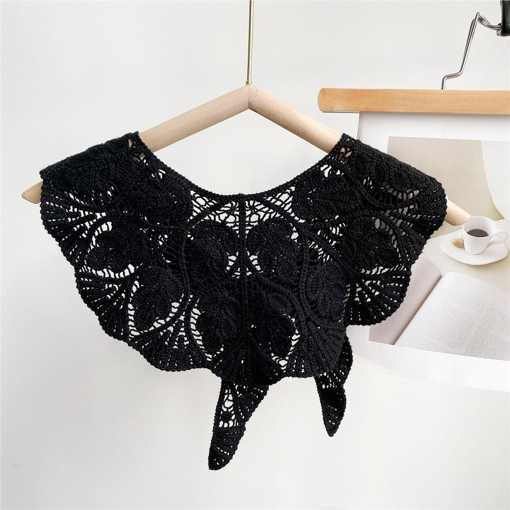 Sweet Solid Color Crochet Detachable Collar Korean Style with Knot Design Leaf Pattern Shawl Hollowed-out Thin Shawl Summer