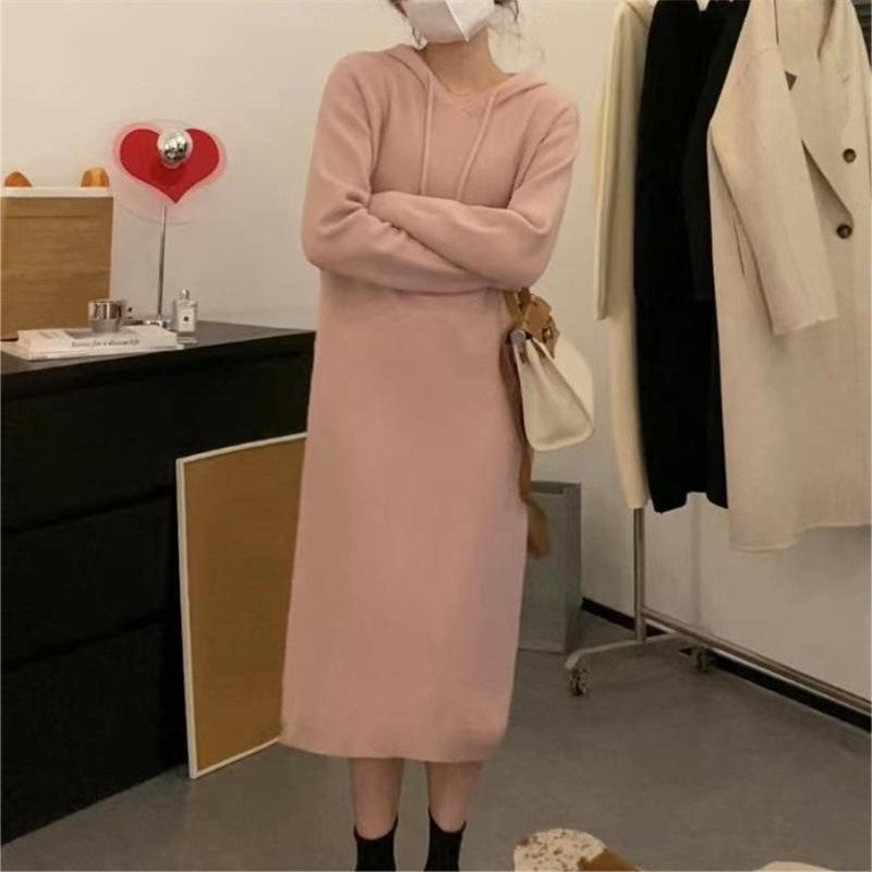 Autumn and Winter New Casual Hooded Dress Femininity Thin Long Knitted Sweater Dress Trendy