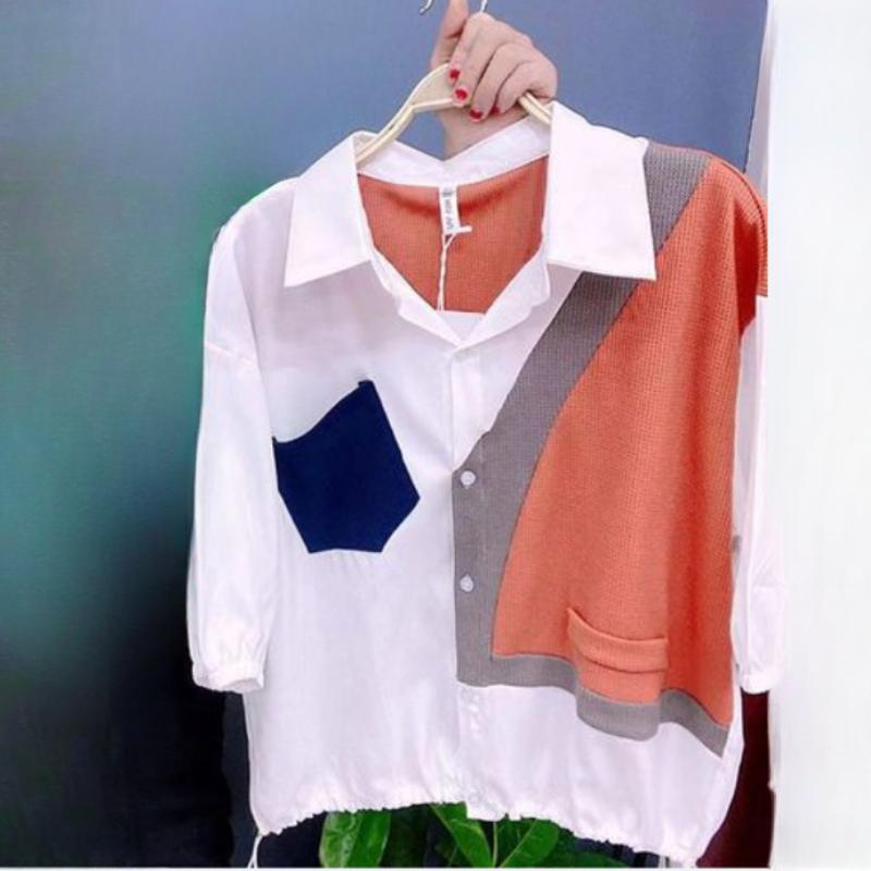 Stitching Short-sleeved Shirt Women's Summer Loose Fashion Five-point Sleeve Design Top