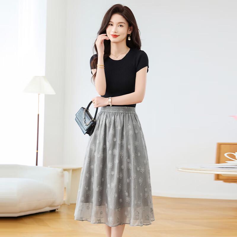 Women's Elegant Gray Floral Chiffon A-Line Midi Skirt