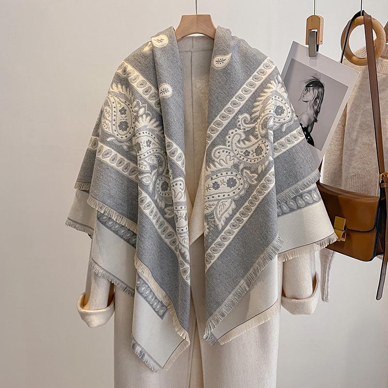 Fashion  Women'S Faux Cashmere Winter Shawl Vintage Print Tassels Thick Warm Pashmina Two-Sided Outdoor Scarf Wraps Foulard