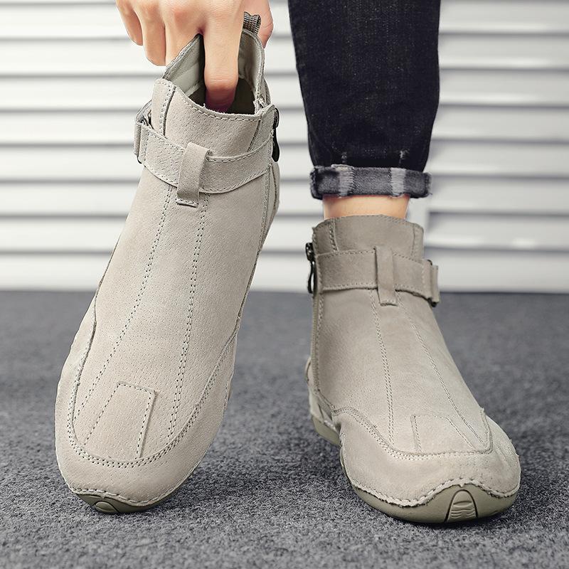 Large Size Men's Martin Boots Autumn New Side Zipper High Top Men's Shoes Outdoor Casual Hand-sewn Leather Boots