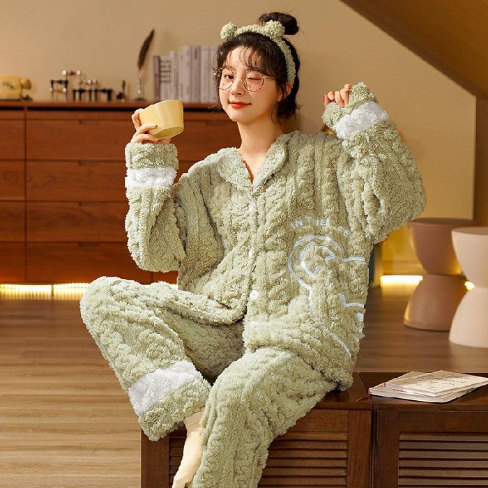 Coral Fleece Thickened Pajamas Women Autumn Winter Plush Added Sweet Cute Pink Girl Flannel Home Clothes Set Casual Nightwear