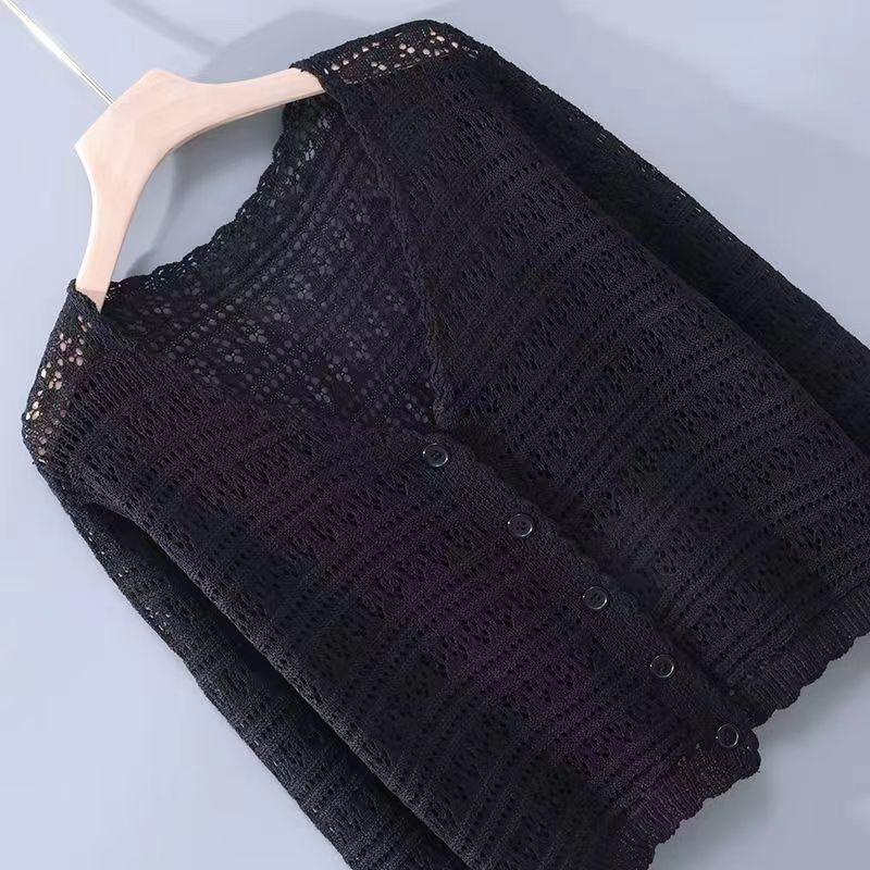 Summer Women's Ice Silk Cardigan Thin Long Sleeve Top Loose V-neck Hollow Out Knitted Sweater