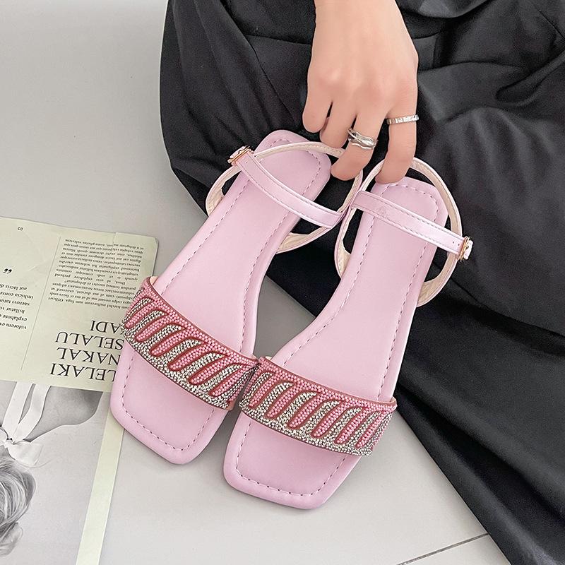 

Сказочный стиль с юбкой модные босоножки с квадратным носком и стразами женские 2025 лето новые сандалии на плоской подошве женские 43 розовый