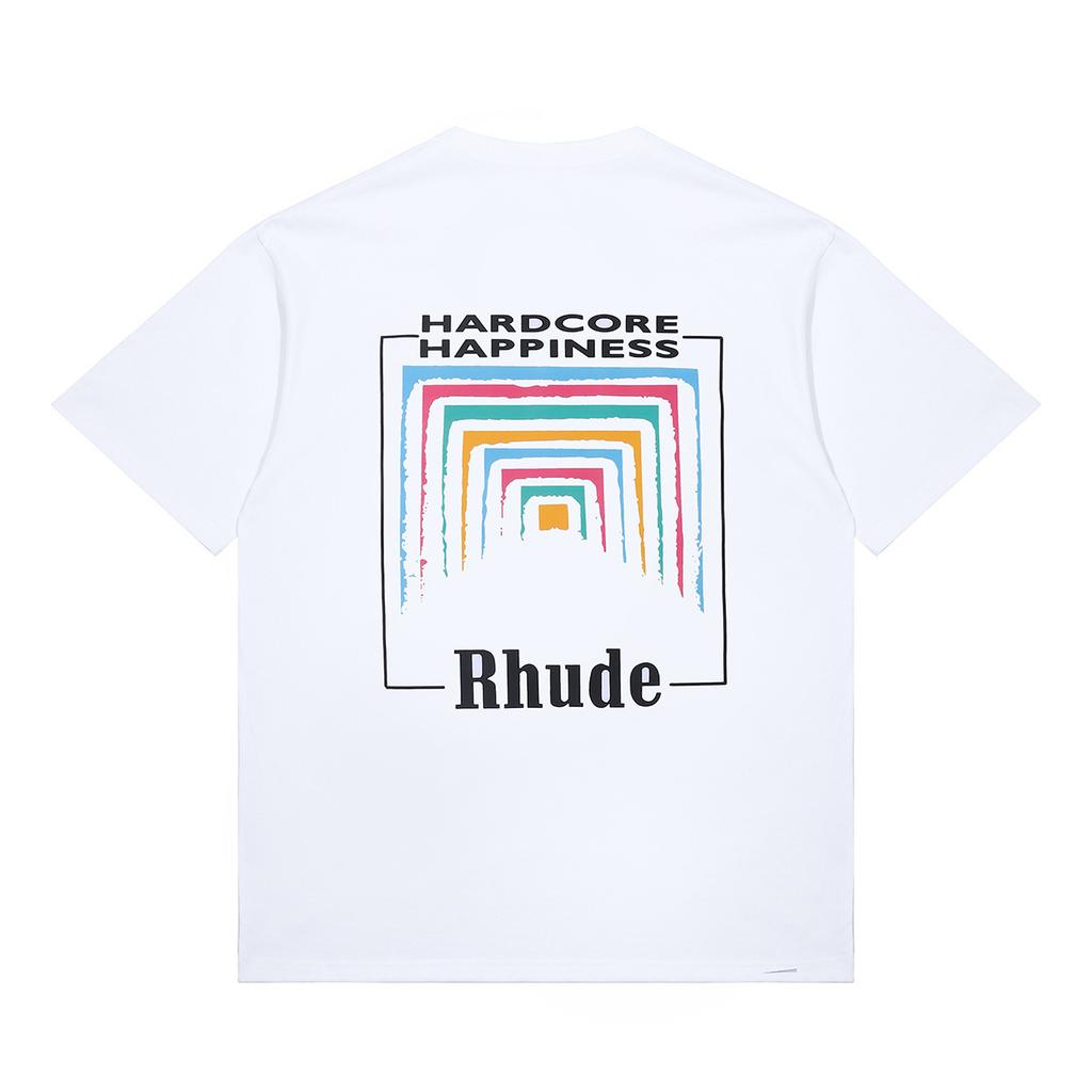 2023 Cross-border European and American Trendy Brand RHUDE Micro-standard Rainbow Square Circle Printed Short-sleeved T-shirt Men's and Women's High 