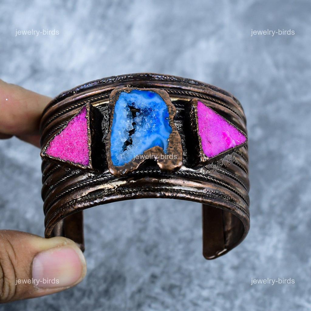 Pierre de Quartz Solaire Bleue Cuivre Nouveau Électroformé Cadeau pour Femme Bracelet Manchette d'Anniversaire VP-126