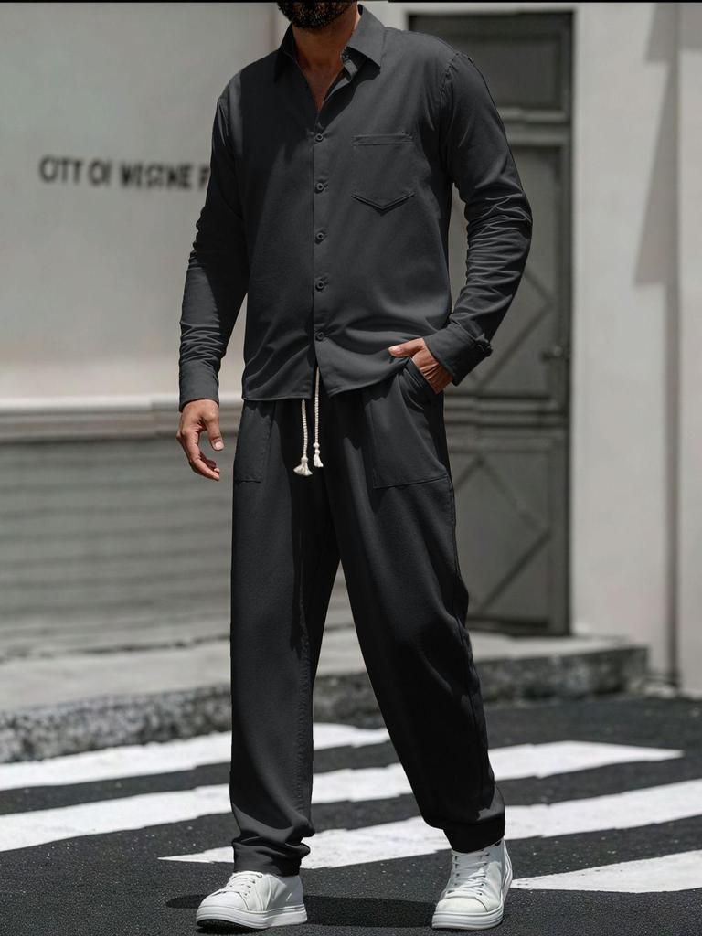 Men's Cotton Linen Two-Piece Set: Casual Loose Long Sleeve Shirt & Pants for Spring and Autumn