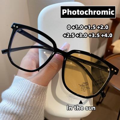 Dámské trendy fotochromatické brýle na čtení s ochranou proti modrému světlu Brýle pro dálkově vidoucí Hotové čtvercové sluneční brýle Brýle Dioptrie 0 +4.0