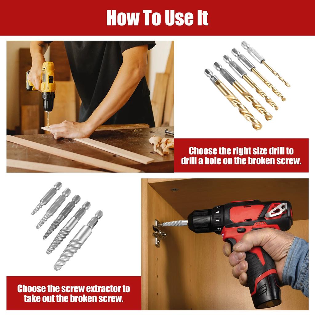 11Pcs Screw Extractor Kit Carbon Steel Hex Bolt Extractor Tool Center Drill Bits Guide Set Damaged Screws Remover Tools Easy Out