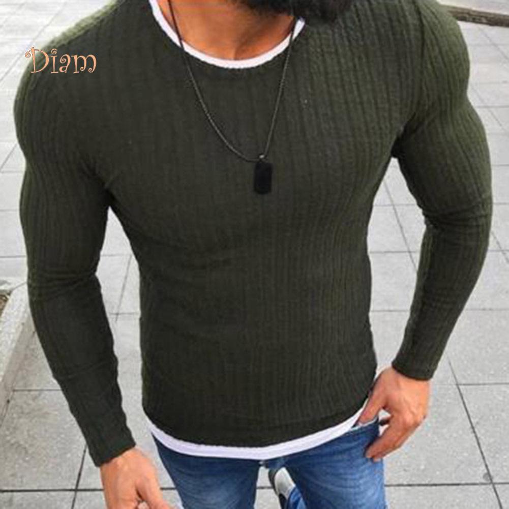TOPMART-MEN's WEAR Color Block Patchwork O Neck Long Sleeve Pullover Knitted Sweater