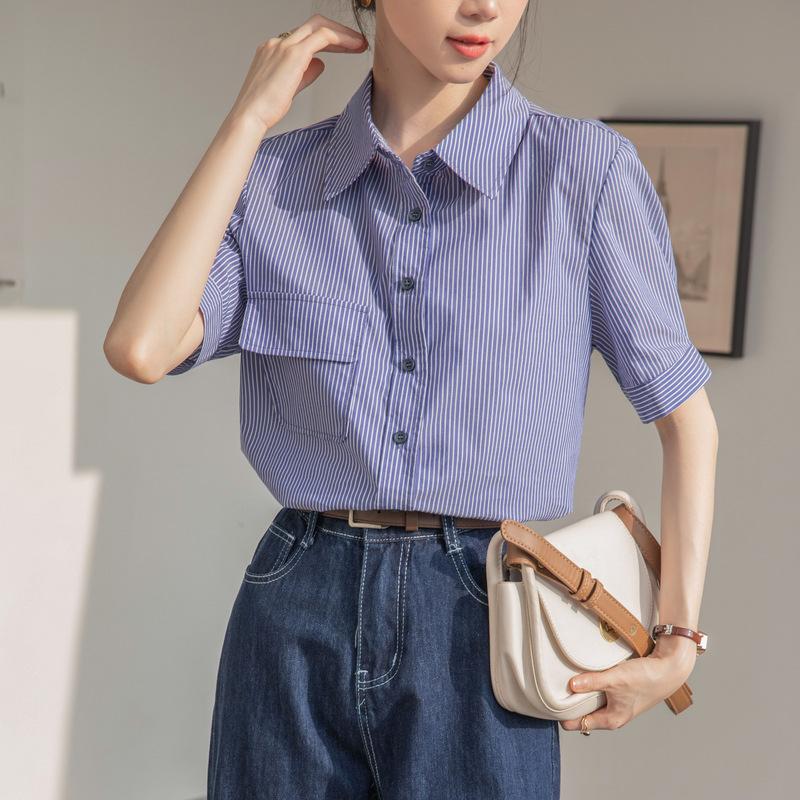 GMXIA Koszula damska w niebieskie paski z krótkim rękawem, letnia, damska, seniorska, z poczuciem mody, uniwersalna, dojeżdżająca do pracy, profesjonalna koszula