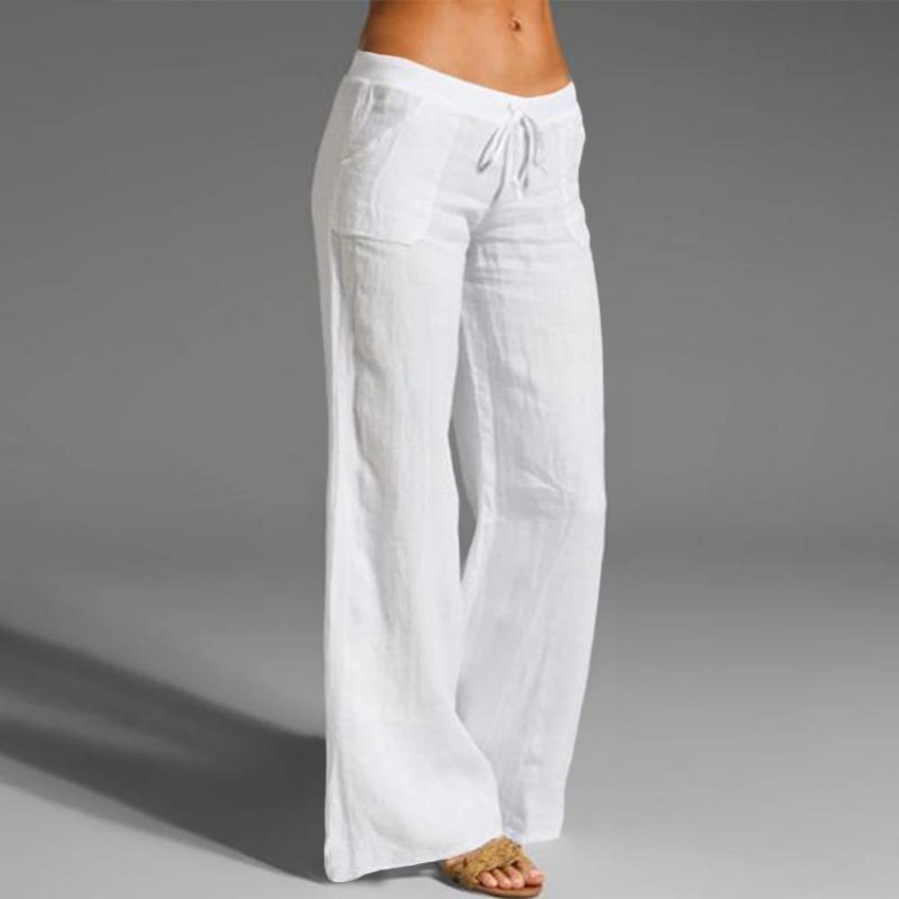 Frühling frauen Baumwolle Leinen Lange Hosen Taschen Elastische Yoga Breite Bein Feste Beiläufige Lose Hosen Plus Größe