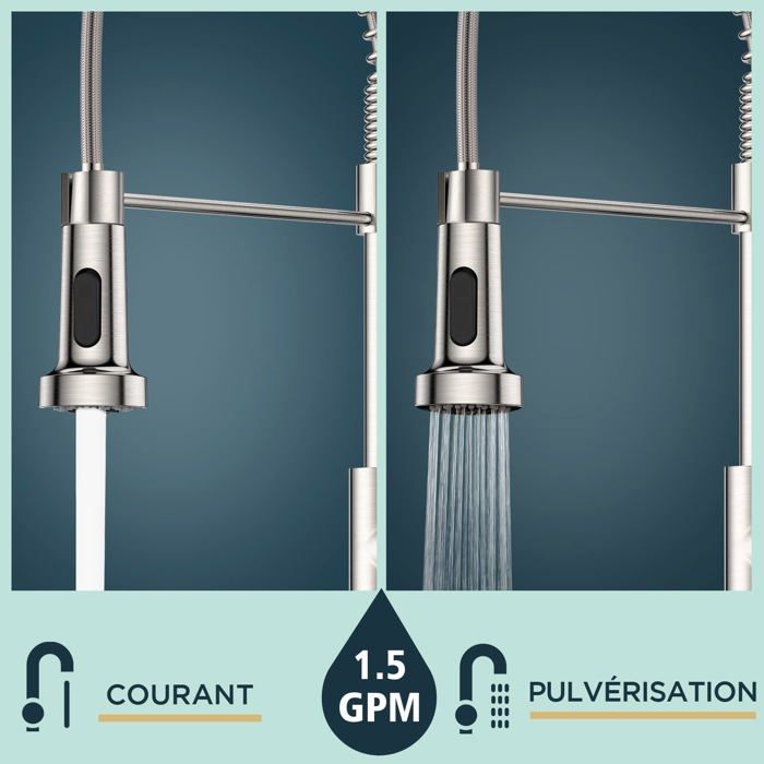 Robinet de cuisine en inox avec douchette pivotante 360° - Bec haut rétractable, 2 modes (jet/bruine)