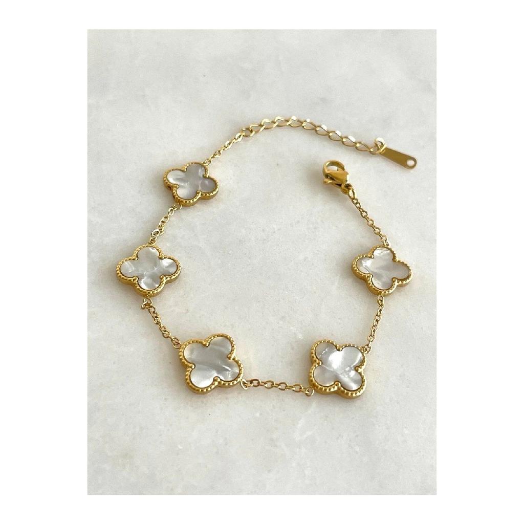 Silver Color Black Mother-of-pearl Clover Steel Bracelet