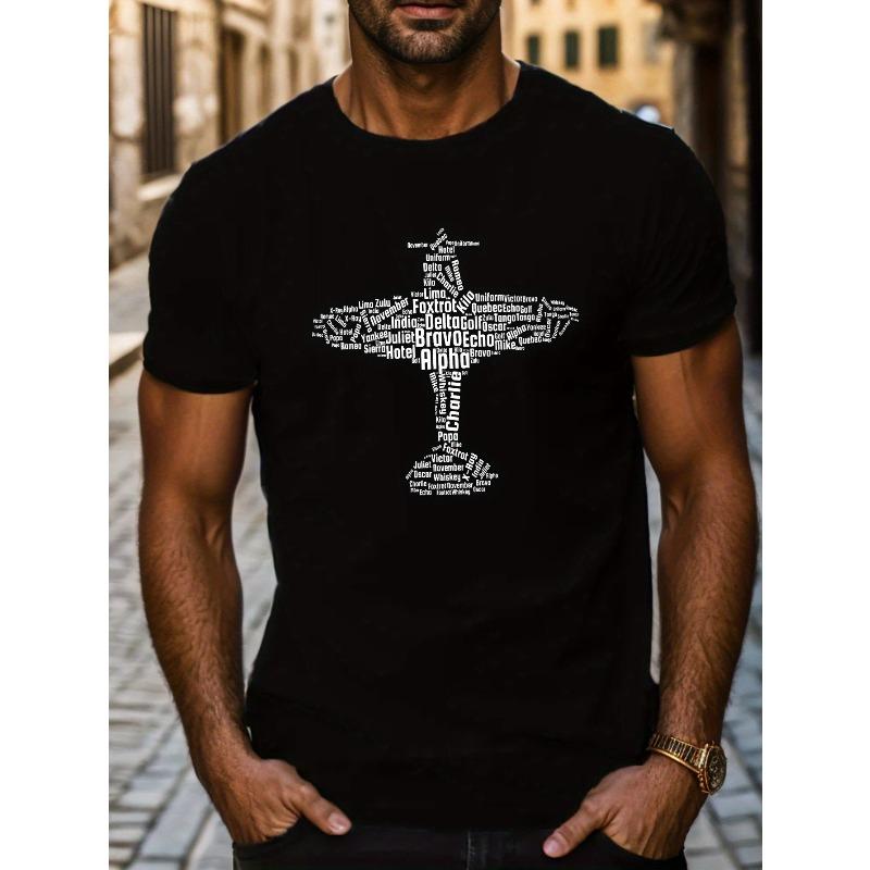 

European Size Text Airplane Print Short Sleeve Tees For Men, Casual Crew Neck T-Shirt, Comfortable Breathable T-shirt 4XL чорний