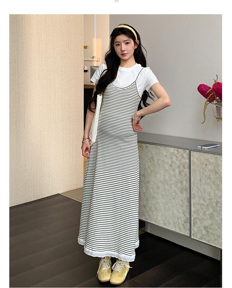 2026 Summer Casual Maternity Two-Piece Set: Short-Sleeved T-Shirt + Striped Slimming Overalls Skirt