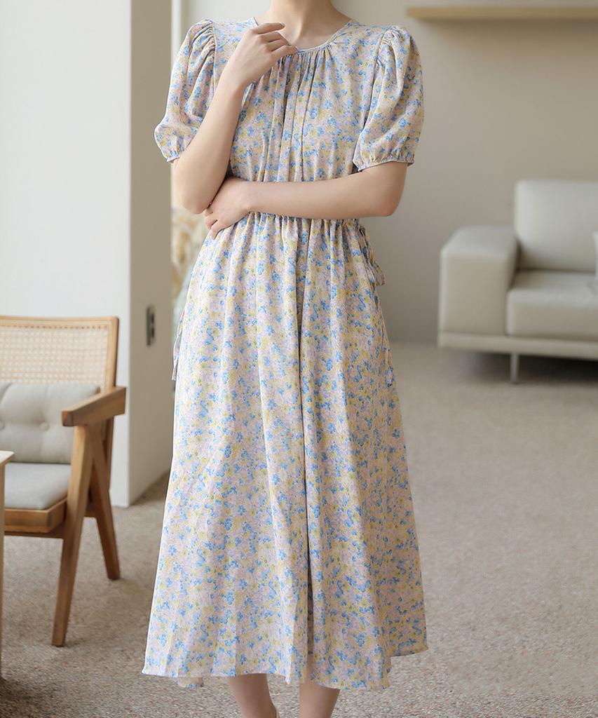 Ppaeppae Flower Shirred Strap Puff Short Sleeve Long Dress