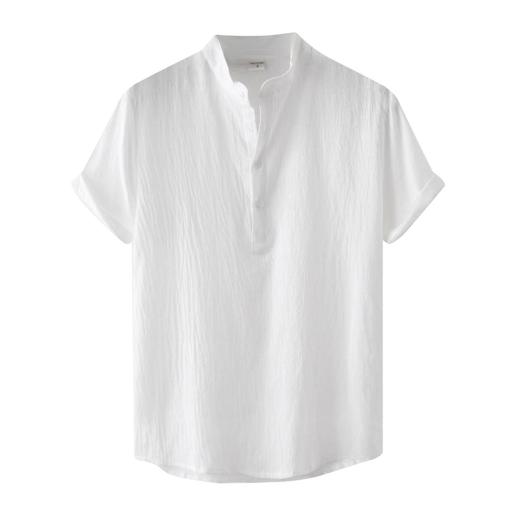 Men's Summer Casual Fashion Solid Color Cotton Linen Top Stand Collar Short Sleeve Shirt