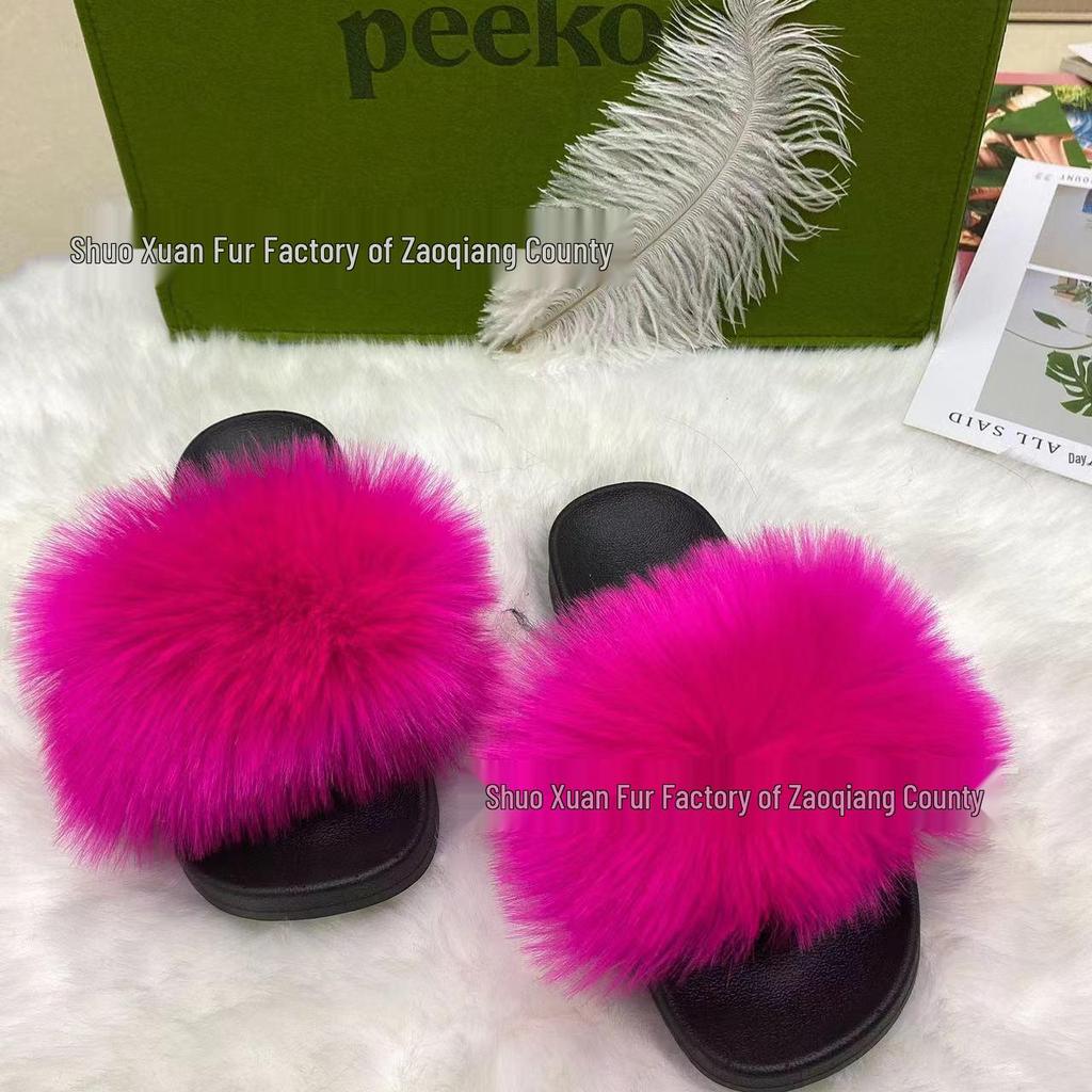 Women's Summer Fox Fur Slippers: Celebrity Trend, Flat Fur Sandals, Soft-Soled Flip Flops, Euro-American Style.