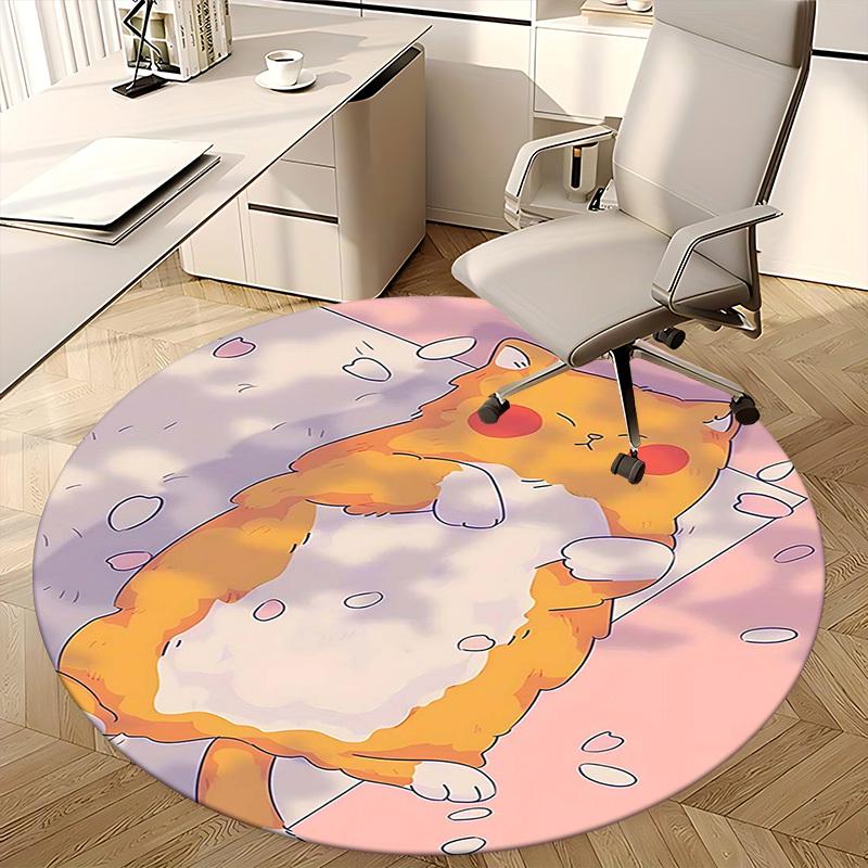 1pc Anime Cat Round Carpet Office Chair Mat, Non Slip Rug for Home Decor, Gift, Office, Living Room, Bedroom