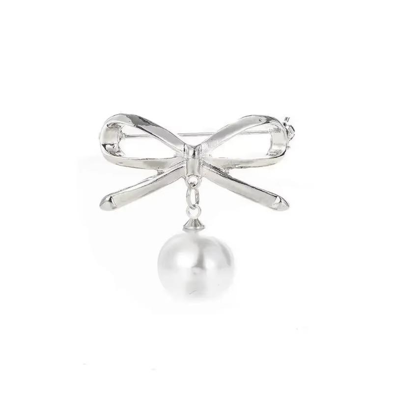Elegant Simple Bow Brooches Women Bowknot Pin Pearl Pendant Safety Lapel Pins Wedding Jewelry Body Accessories Creative Brooche