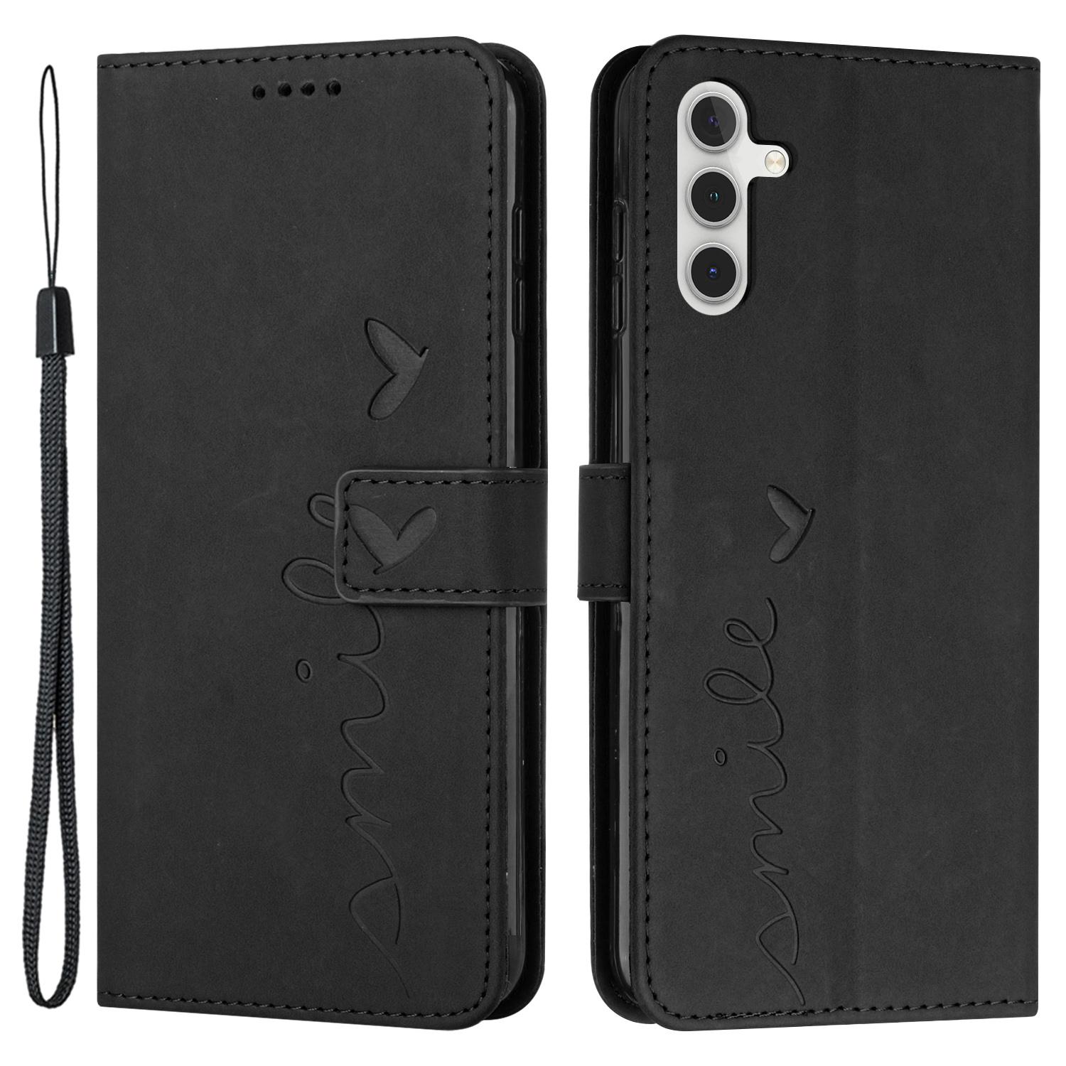 

For Samsung Galaxy S23 FE Skin-touch PU Leather Imprinted Cover Flip Stand Wallet Phone Case with Strap Black