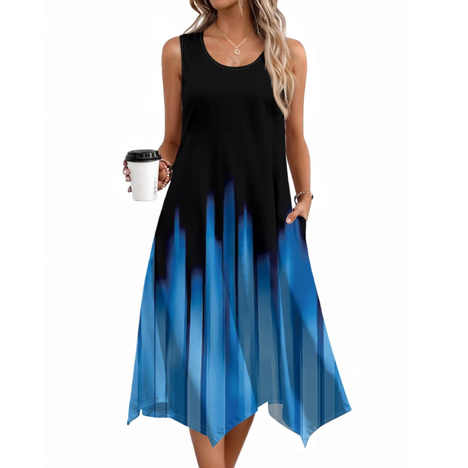 

Женское повседневное платье на лето, платье-майка, свободное пляжное платье с карманами, расклешенный миди-сарафан L синий