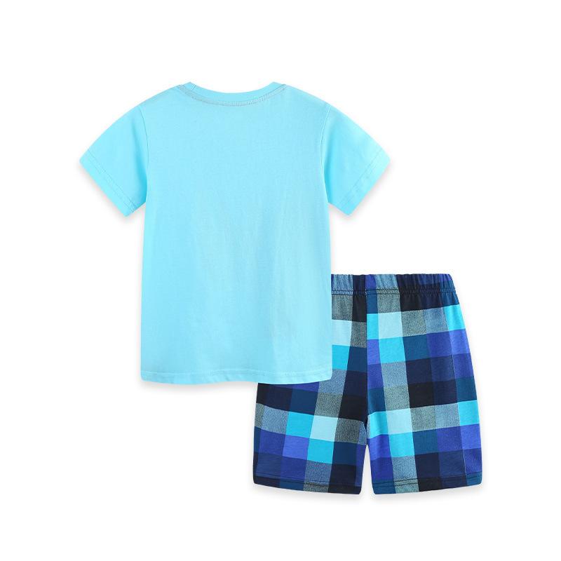 Summer new boys' short-sleeved suit style fashion printed children's plaid shorts two-piece set