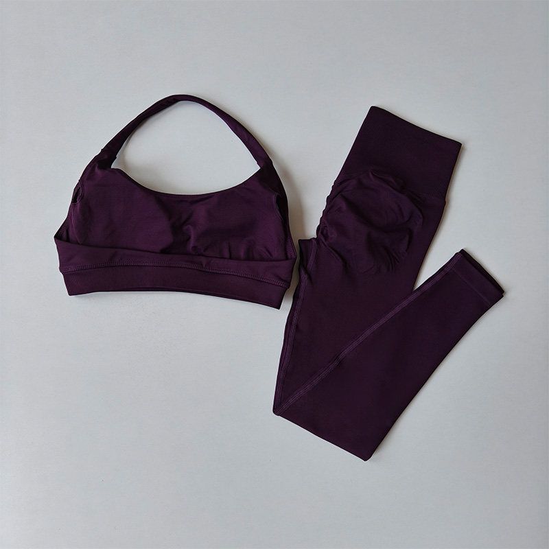 and American Seamless Halter Neck Beauty Back Push-Up Sports Bra and High-Waisted Tight-Fitting Butt-Lifting Fitness Pants Two-Piece Set for Women