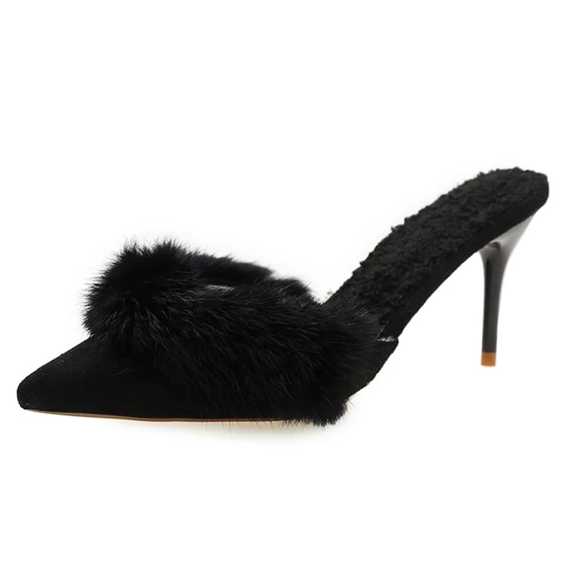 2026 Spring Faux Fur Mules Slippers Women Pointed Toe Slip-On Thin Heels Sandals Woman Short Plush Lined Closed Toe Slides Shoes