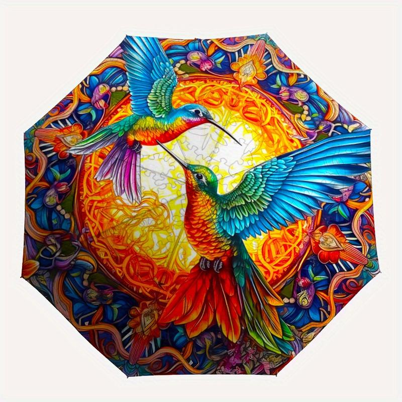 1pc Colorful Hummingbirds In a Vibrant Garden Automatic Umbrella Design, Cute Cartoon Pattern, Portable Outdoor Umbrella, Holiday Gift R067