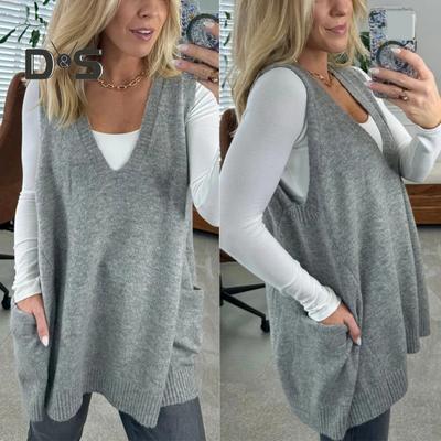 Women Sweater V-neck Sleeveless Solid Color Knitting Vest with Pockets Ribbed Trim Loose Fit Mid-length Casual Knitwear