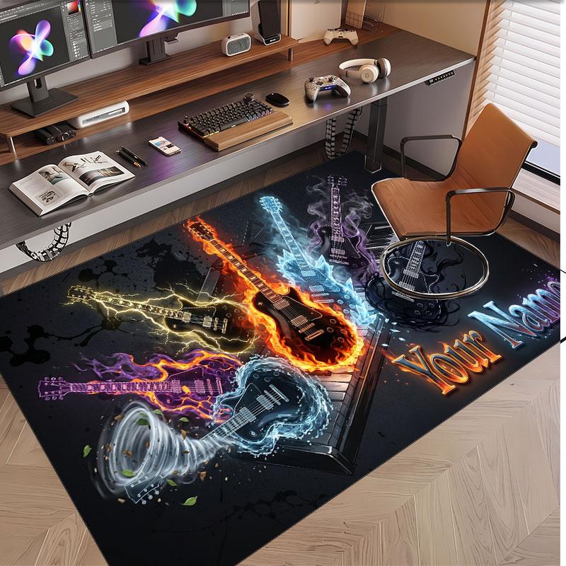 Music Guitar Theme Soft Crystal Velvet Rug Custom Name & Text Print Non Slip Floor Rug for Bedroom Living Room