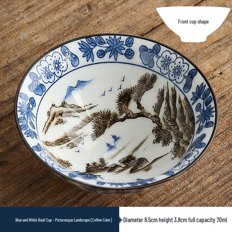 Two-Color Blue & White Porcelain Douli Teacup - Ceramic Kung Fu Master Cup, Japanese Tasting Bowl, Single Tea Cup.