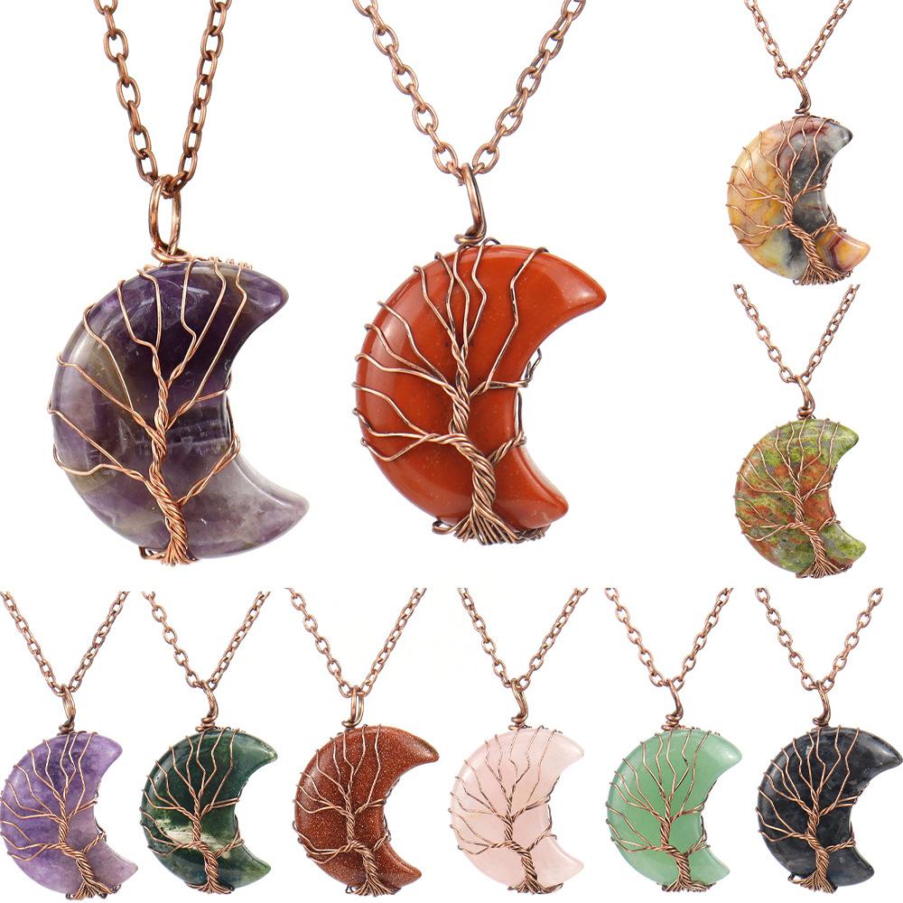 Handmade Winding Exquisite Little Moon Natural Stone Crystal Tree Of Life Pendant Necklace N570
