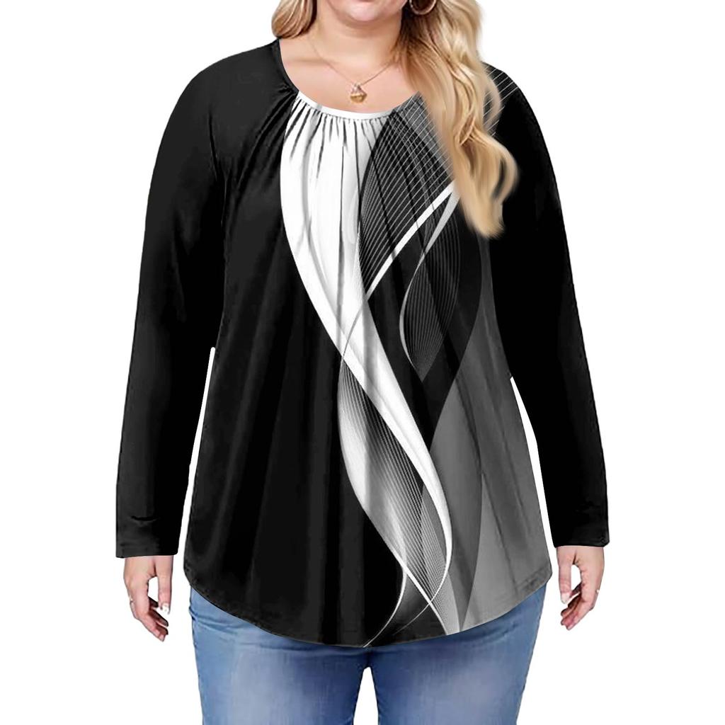 Women's Plus Size Fashion Printed Casual Pleated Round Neck Long Sleeve Top