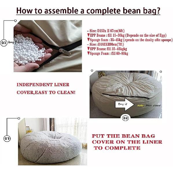 Bean Bag Inner Liner Cover(No Filler), 6 7ft Inner Liner for Bean Bag Chair Couch Cover Seat Lazy Sofa High Capacity Replacement Cover with Zipper