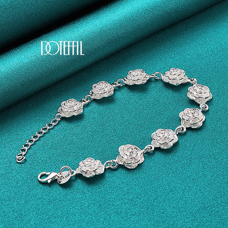 DOTEFFIL 925 Silber Volle Rose Blume Kette Armband für Frauen Hochzeit Verlobungsparty Mode Charme Schmuck