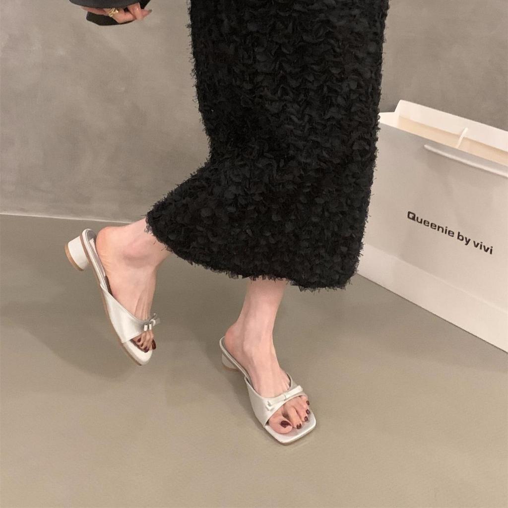 Thick Heel Pink French Cool Slippers Fairy Shoes Outer Wear 2025 New Summer with Skirt Bow Sandals