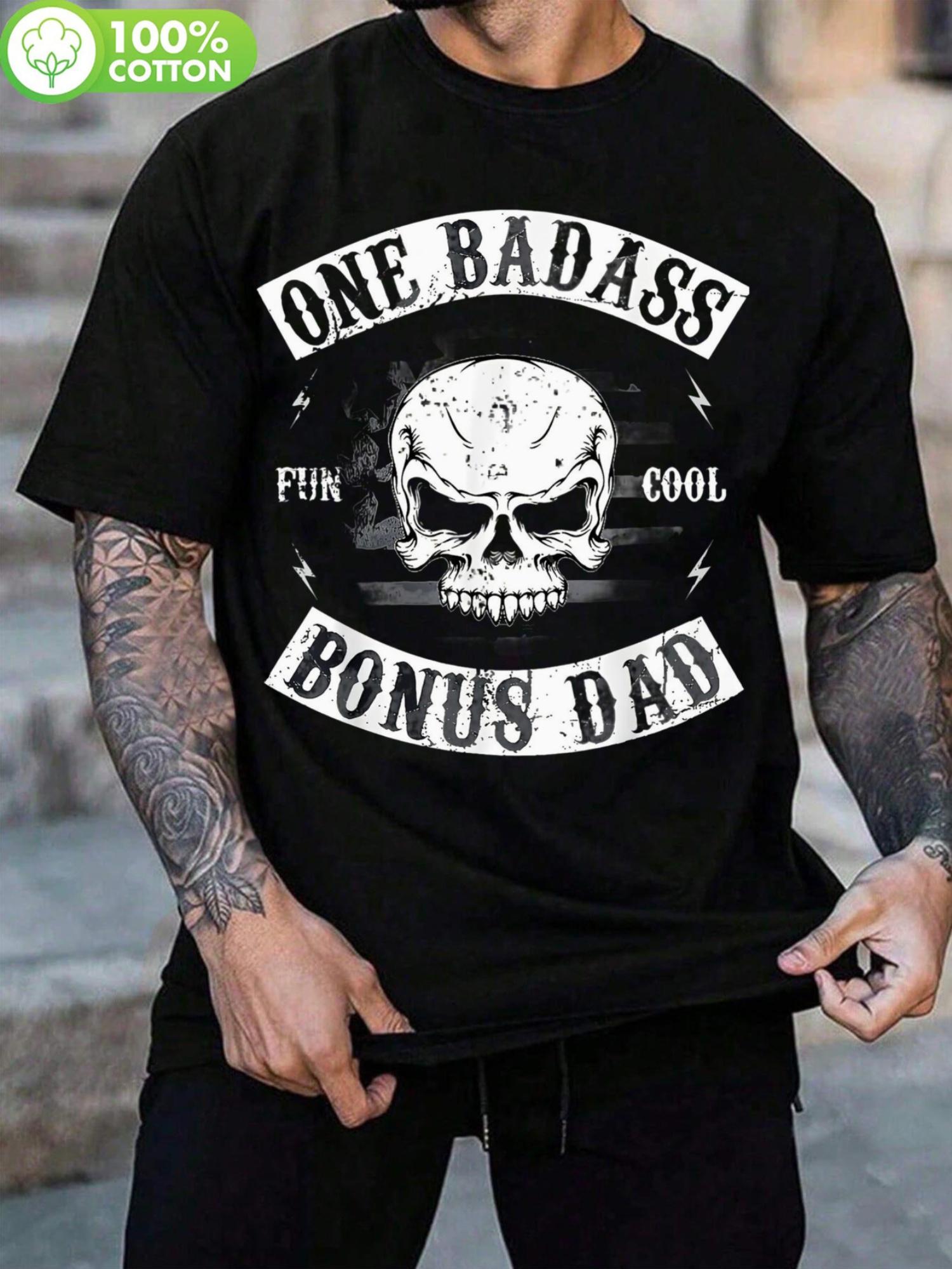 Funny Step Dad Graphic T-shirt - Black 100% Cotton Short Sleeve Crew Neck Tee with One Badass Fur Cool Bonus Dad Skull & Lightning Bolt Design XXXL