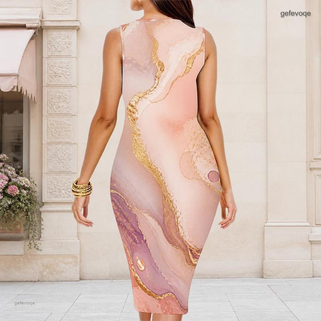 Women Plus Size Round Neck Sleeveless Blue Gold Printed Bodycon Midi Dress
