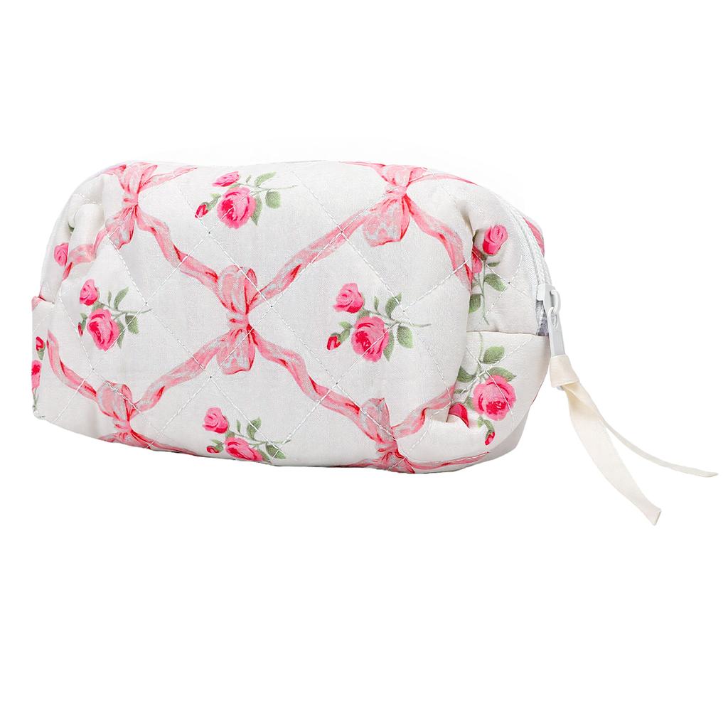 Quilted Travel Makeup Bag Floral Aesthetic Toiletry Pouch Cute Bow Cotton Cosmetic Bag for Women Girls
