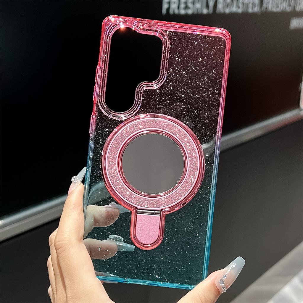For Samsung Galaxy S25 Ultra Case Glitter PC+TPU Clear Mirror Kickstand Phone Cover with Compatible with MagSafe