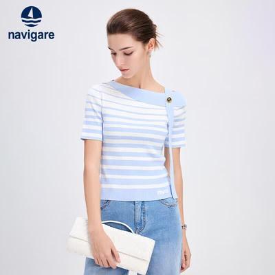 Women's Striped Contrast Short Sleeve Slim Knit Top
