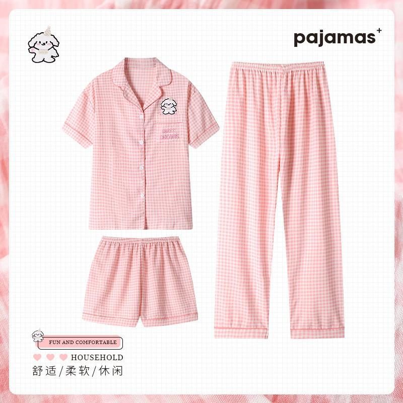Ins Style Pink Grid Dog Pajamas Set Women Cloud Cotton Short Sleeve Long Pants Loungewear 3pcs