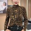 Leopard Print Tummy-Concealing Long Sleeve Top for Middle-Aged and Elderly Moms