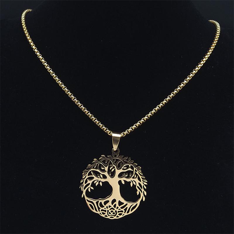 Fashion Tree of Life Round Necklace for Women Men Stainless Steel Gold Color Chain Necklaces Jewelry arbre de vie N3399S02