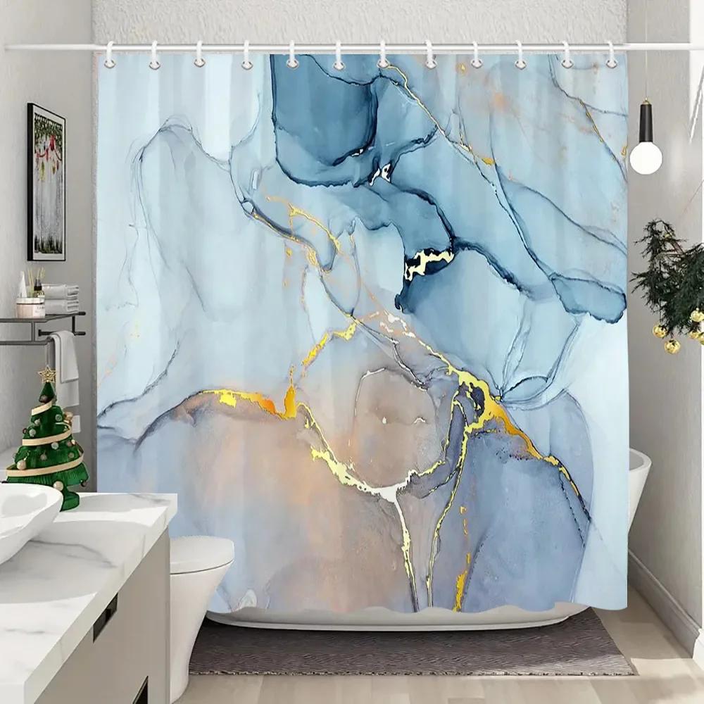 

Сине-золотая текстурированная мраморная шторка для душа Черно-белый натуральный художественный узор Полиэстеровая ткань Стираемая шторка для душа Декор для ванной комнаты 35x70in-90x180cm