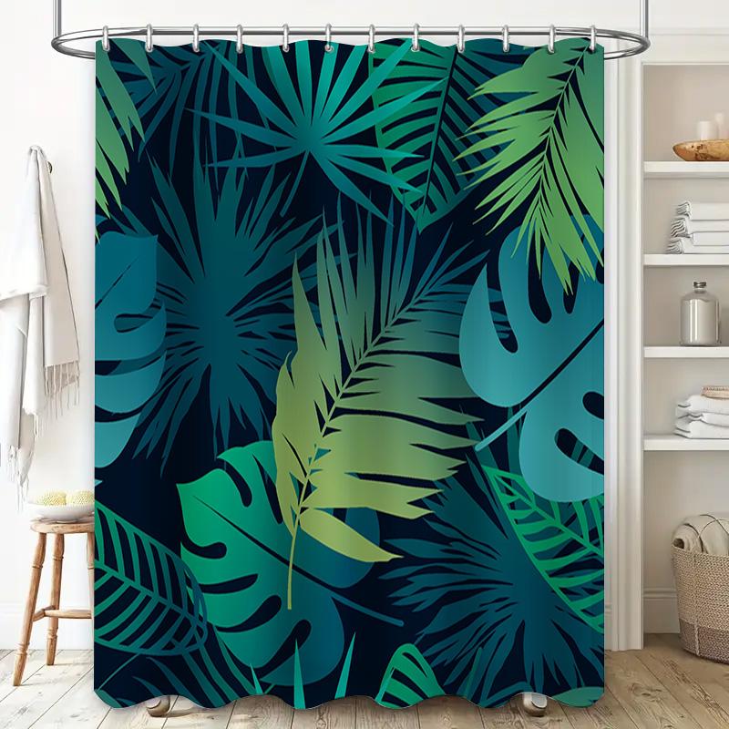Vibrant Palm Tree Print Shower Curtain For Bathroom Decor Dark Green Blue Colors With Fresh Leaf Design Made From Durable Waterp